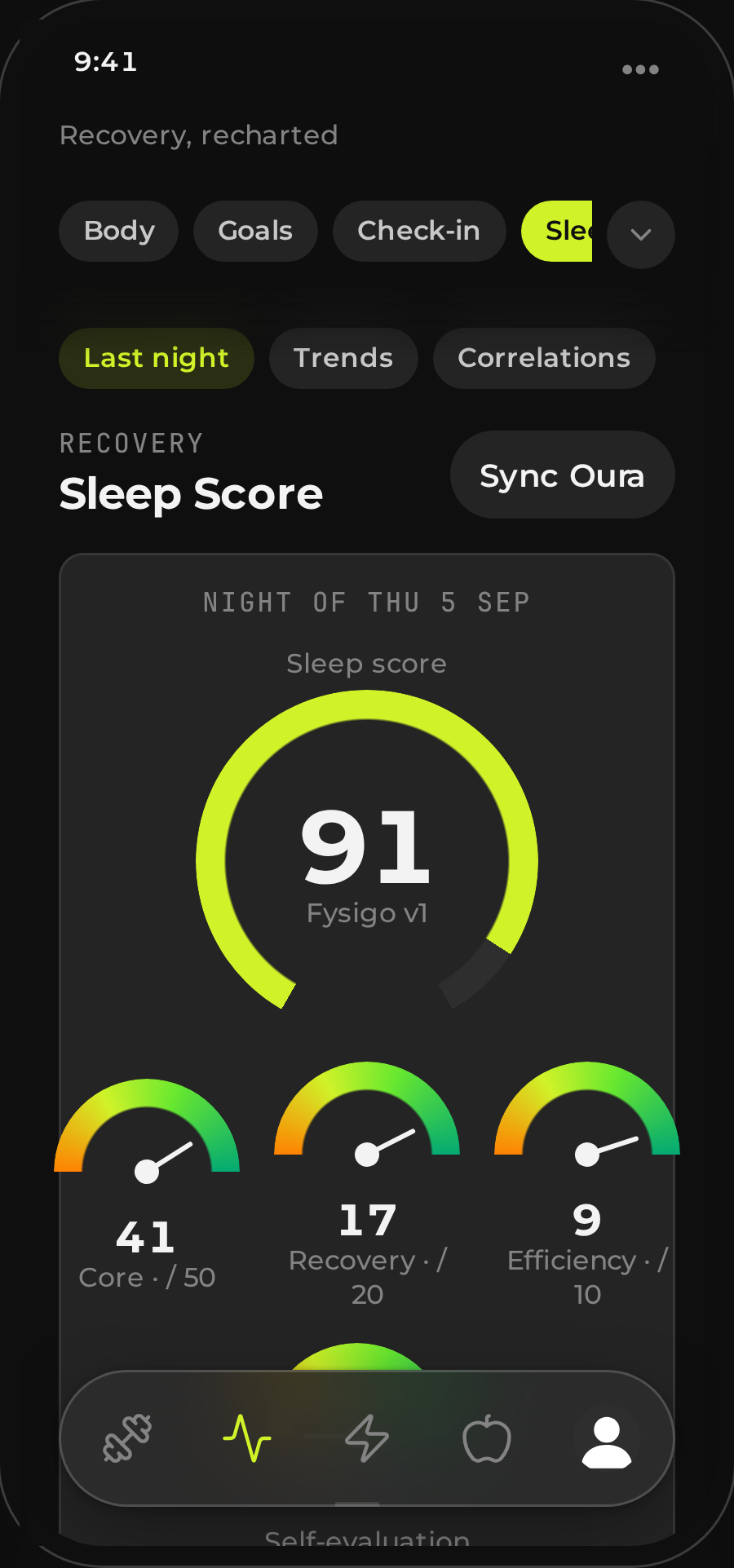 Fysigo sleep and recovery screen